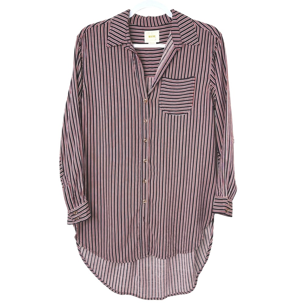 Maeve Anthropologie Button Down Tunic Shirt Red Navy Striped XS Preppy High-Low